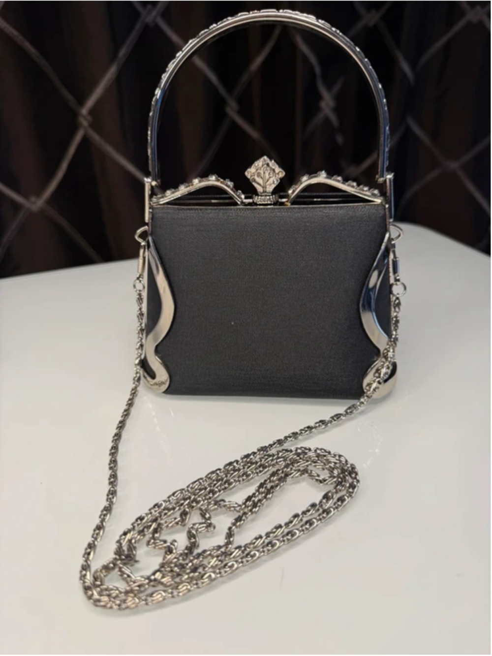 Vintage Black Satin Evening Purse With Rhinestone Frame